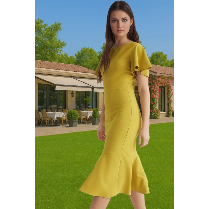 Şık Kadın Kısa Kollu Midi Elbise Polyester Elastan Kumaş Premium Kalite Trend Tasarım Seçkin Malzeme