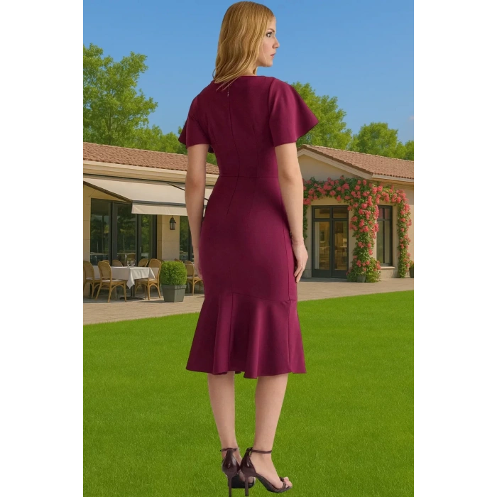 Şık Kadın Kısa Kollu Midi Elbise Polyester Elastan Kumaş Premium Kalite Trend Tasarım Seçkin Malzeme