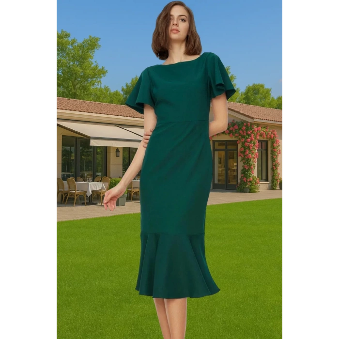 Şık Kadın Kısa Kollu Midi Elbise Polyester Elastan Kumaş Premium Kalite Trend Tasarım Seçkin Malzeme