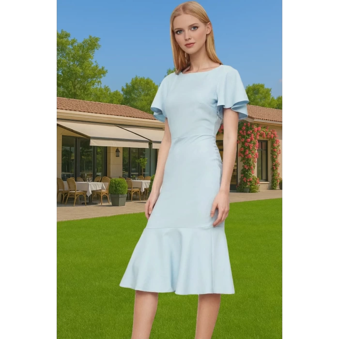 Şık Kadın Kısa Kollu Midi Elbise Polyester Elastan Kumaş Premium Kalite Trend Tasarım Seçkin Malzeme