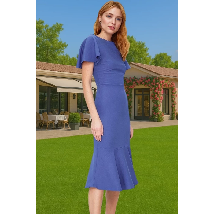 Şık Kadın Kısa Kollu Midi Elbise Polyester Elastan Kumaş Premium Kalite Trend Tasarım Seçkin Malzeme
