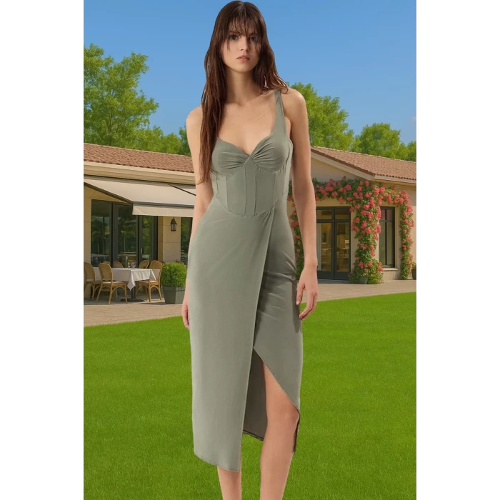 Şık Kadın Midi Elbise Anvelop Siluetli Polyester Kumaş Yazlık Abiye Rahat Ve Şık Modern Stil