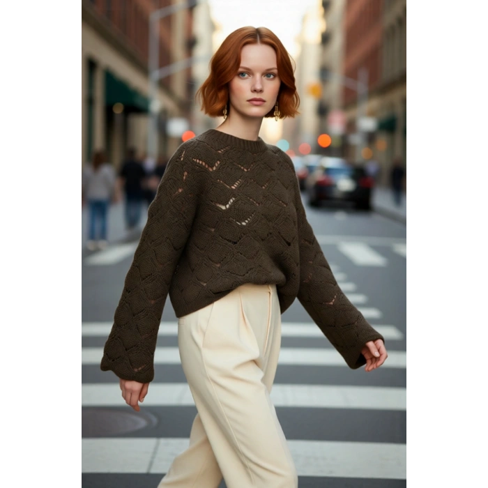 Şık Kadın Oversize Ajurlu Bisiklet Yaka Uzun Kol Triko Kazak Soğuk Havalarda Konfor Sunar Kaliteli