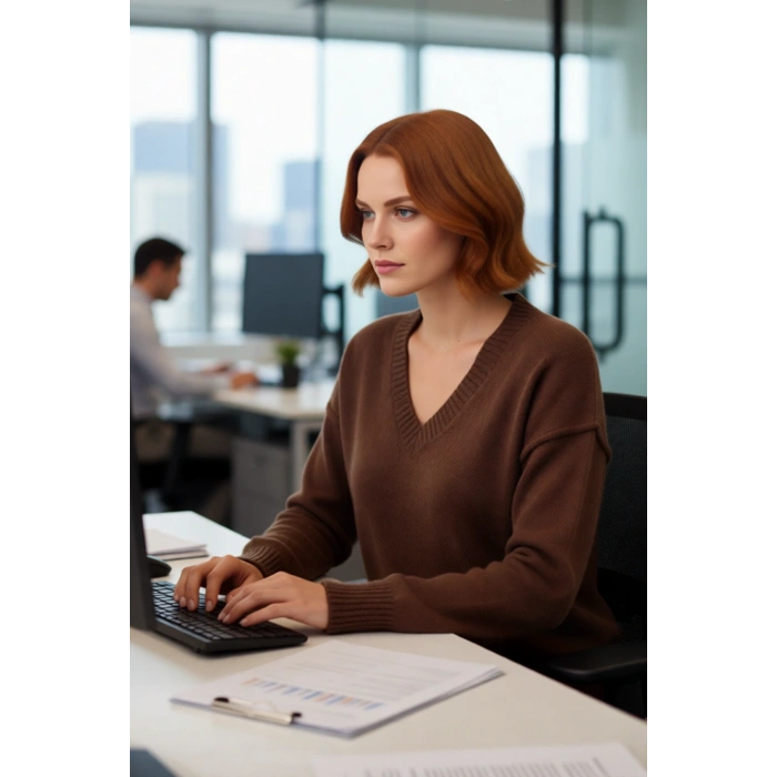 Şık Kadın Oversize V Yaka Düz Desen Triko Kazak Düşük Kollu Uzun Boy Kahverengi Kış Kombinleri