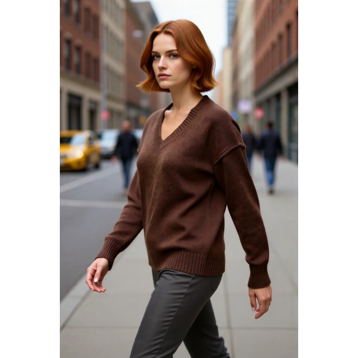 Şık Kadın Oversize V Yaka Düz Desen Triko Kazak Düşük Kollu Uzun Boy Kahverengi Kış Kombinleri