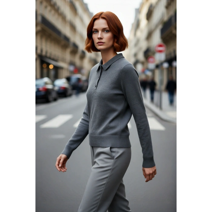 Şık Kadın Polo Yaka Yünlü Triko Kazak Regular Kalıbı İle Gün Boyu Konfor Sunar Kaliteli