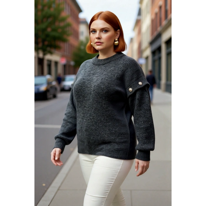 Şık Kadın Relaxed Kalıp Düz Desen Bisiklet Yaka Düşük Kollu Çıkarılabilir Triko Kazak Kaliteli