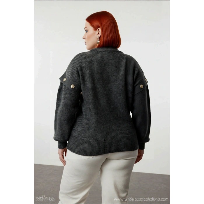 Şık Kadın Relaxed Kalıp Düz Desen Bisiklet Yaka Düşük Kollu Çıkarılabilir Triko Kazak Kaliteli