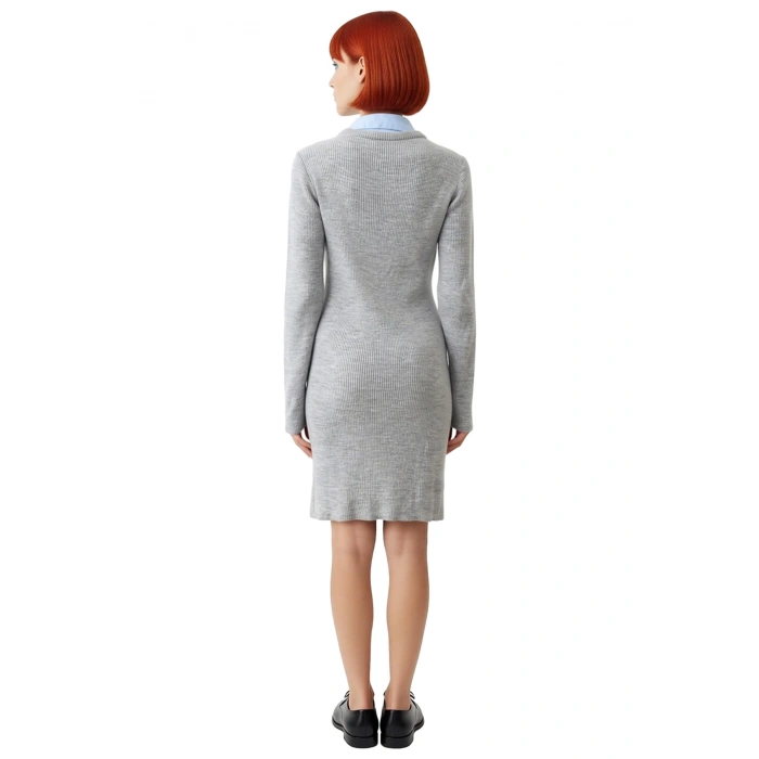 Şık Kadın Renk Bloklu Gömlek Yaka Detaylı Uzun Kollu Triko Mini Elbise Kış Kombinleri İçin İdeal