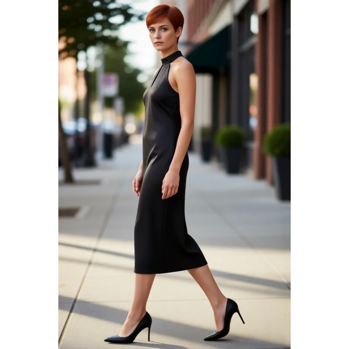 Şık Kadın Saten Midi Elbise Halter Yaka Tasarımı Ile Etkileyici Bir Görünüm Sunuyor Kaliteli