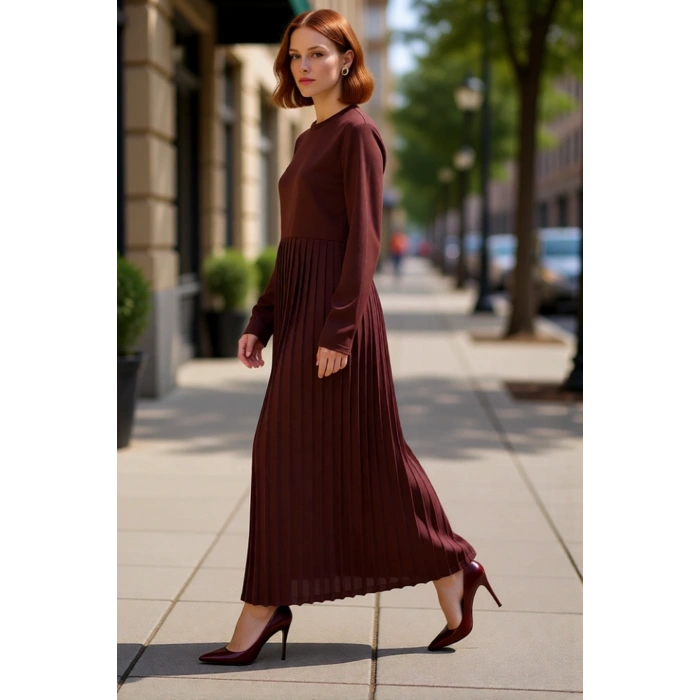 Şık Kadın Scuba Krep Uzun Kol Piliseli A Kesim Maxi Örme Elbise Kış Günlük Kombinler İçin Kaliteli