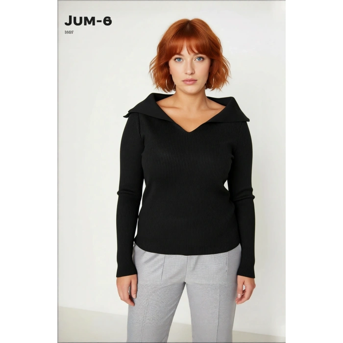 Şık Kadın Siyah Kayık Yaka Bodycone Fitilli Triko Bluz İnce Yapısıyla Soğuklara Meydan Okuyor