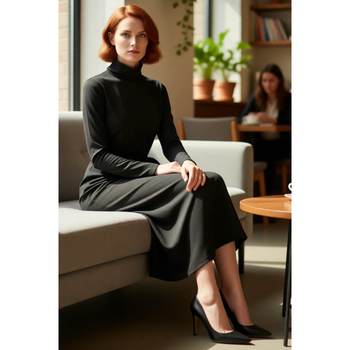 Şık Kadın Tesettür Elbise Düz Desenli Dik Yaka Maxi Boy Örme Kumaş Kış Sezonu İçin Kemer Detaylı