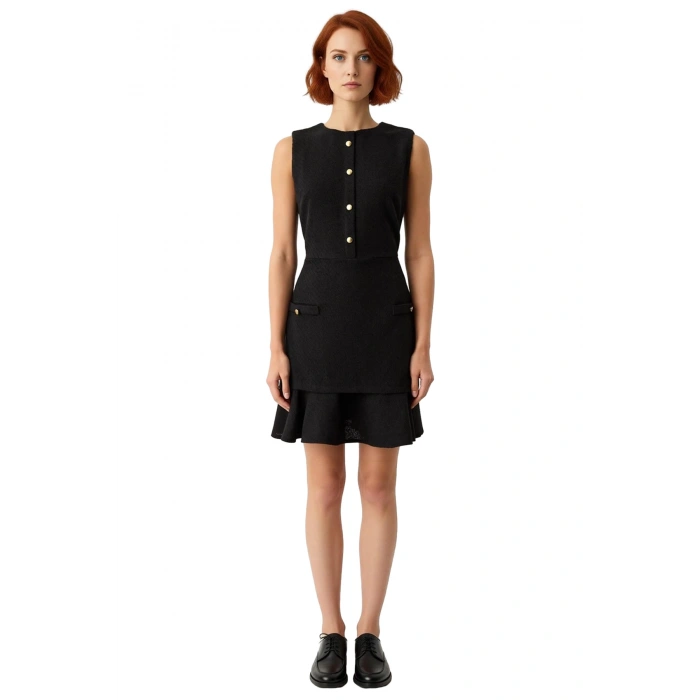 Şık Kadın Tüvit Kolsuz Mini Elbise Düğmeli Detaylı A Kesim Bisiklet Yaka Soğuk Havalara Özel