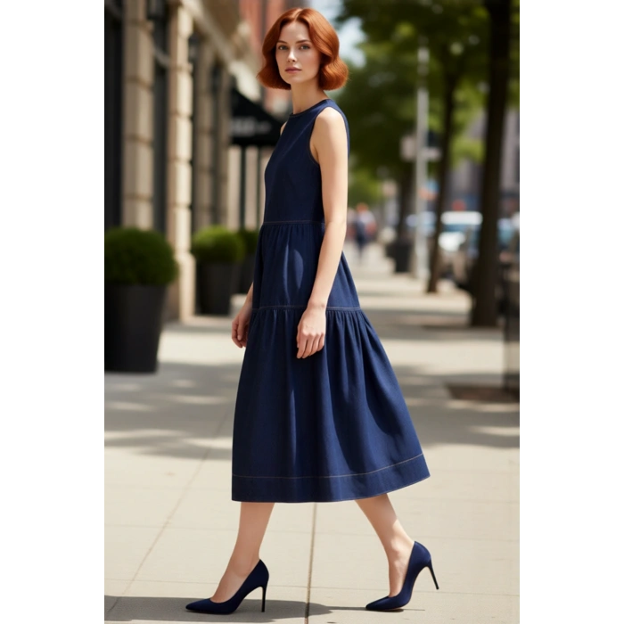 Şık Kadın Volanlı Midi Denim Elbise %100 Pamuk Bisiklet Yaka Rahat Günlük Kombinler İçin Kaliteli