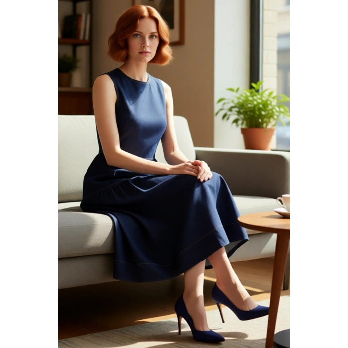 Şık Kadın Volanlı Midi Denim Elbise %100 Pamuk Bisiklet Yaka Rahat Günlük Kombinler İçin Kaliteli