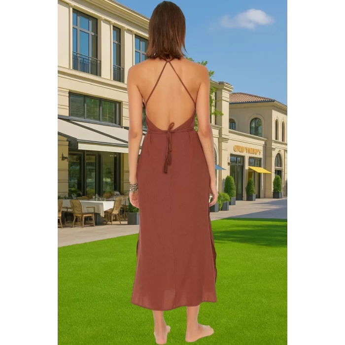 Şık Kadın Yazlık Midi Elbise Crinkle Dokuma V Yaka Tasarım Şık Görünüm Rahat Ve Şık Özenle Seçilmiş