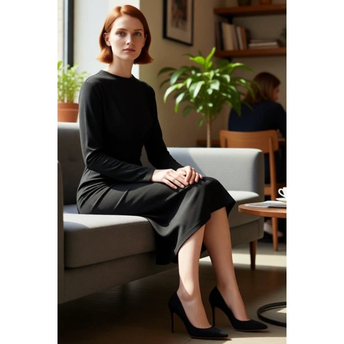 Şık Kadınlara Özel %100 Pamuk Örme Düz Desenli Bodycon Midi Elbise Uzun Standart Kol Kaliteli