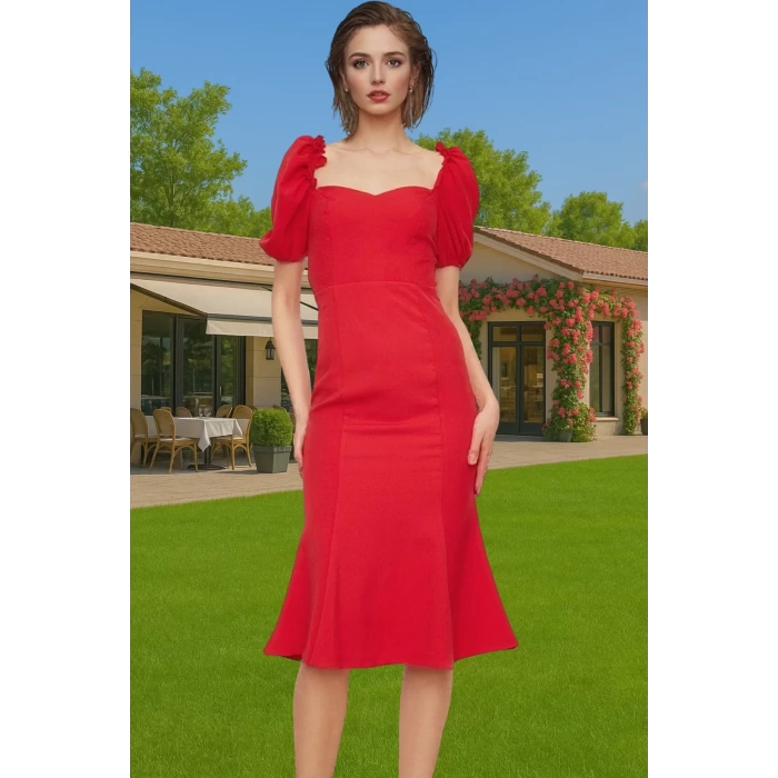 Şık Kalp Yaka Kısa Kollu Polyester Abiye Elbise Premium Kalite Dayanıklı Malzeme Kaliteli İşçilik
