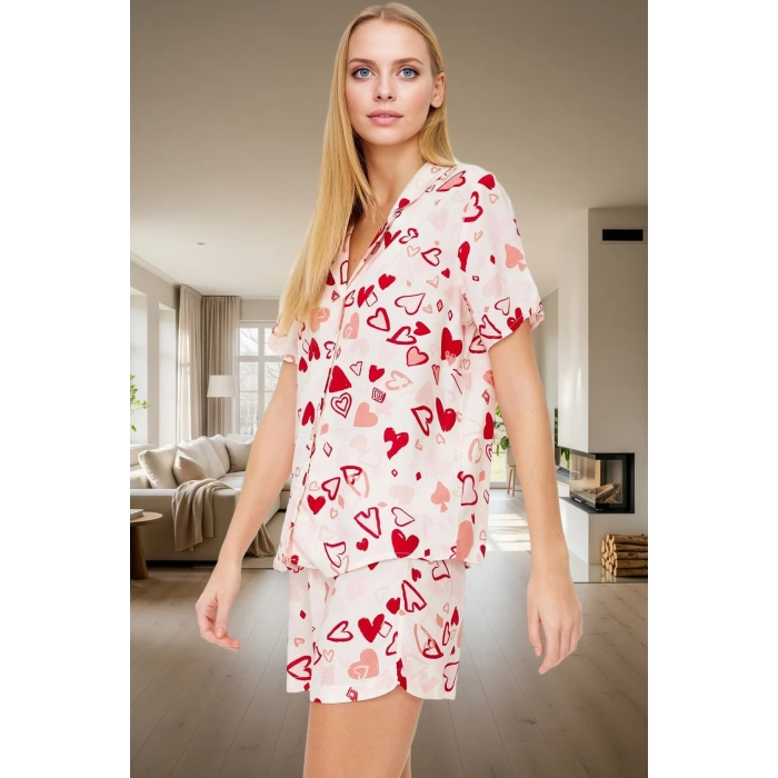 Şık Kalpli Desenli Dokuma Viskoz Pijama Takımı Ev Konforu İçin Premium Kalite Özenle Seçilmiş