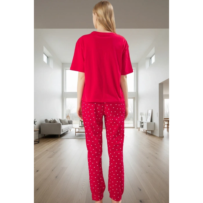Şık Kalpli Desenli Pijama Takımı Pamuklu Rahat ve 2li Profesyonel Görünüm