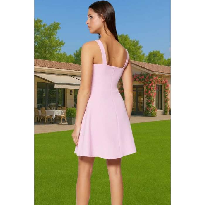 Şık Kare Yaka A Kesim Mini Elbise Polyester Elastan Dokuma Kumaş Şık Görünüm Profesyonel Görünüm