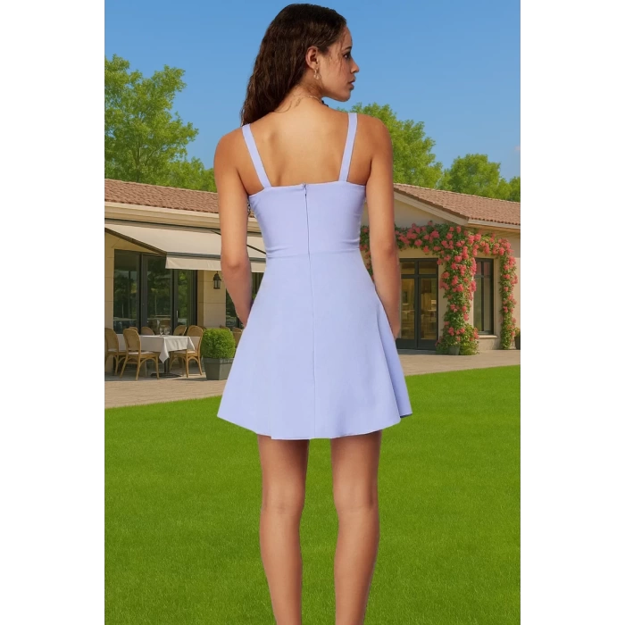 Şık Kare Yaka A Kesim Mini Elbise Polyester Elastan Dokuma Kumaş Şık Görünüm Profesyonel Görünüm