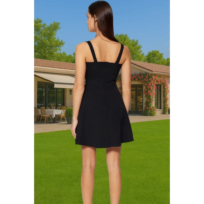 Şık Kare Yaka A Kesim Mini Elbise Polyester Elastan Dokuma Kumaş Şık Görünüm Profesyonel Görünüm