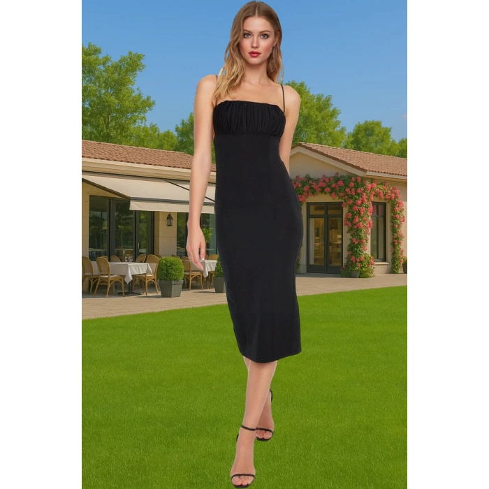 Şık Kare Yaka Bodycon Abiye Elbise Dokuma Finike Kumaş Özel Günler Rahat Kullanım Trend Tasarım