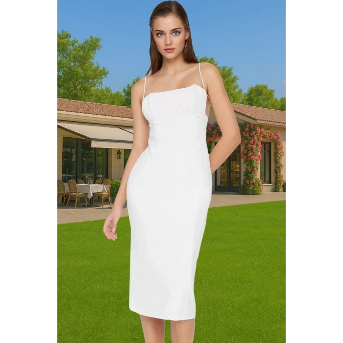 Şık Kare Yaka Bodycon Abiye Elbise Dokuma Finike Kumaş Özel Günler Rahat Kullanım Trend Tasarım
