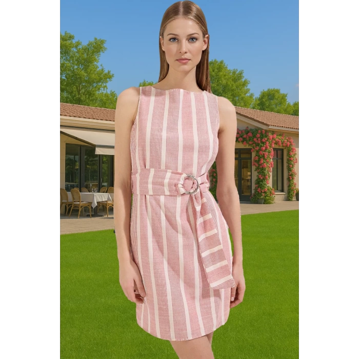 Şık Keten Dokulu Çizgili Mini Elbise Kemerli Viskoz Karışımlı Yazlık Özel Tasarım Modern Stil