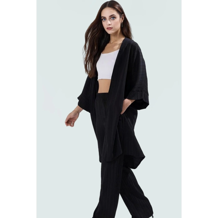 Şık Kimono Pantolon Takım Viskoz Dokuma Kumaş Rahat Günlük Stil Dayanıklı Malzeme