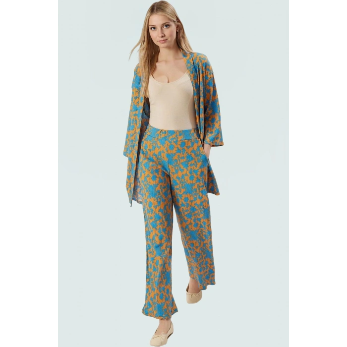 Şık Leopar Desenli Kimono Takım Nefes Alan Polyester Kumaş Görünüm Profesyonel