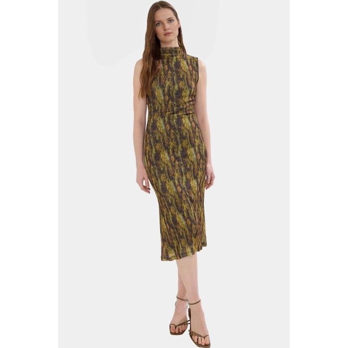 Şık Leopar Desenli Midi Elbise Astarlı Polyester Örme Kumaş Bodycon Kalıp Profesyonel Görünüm