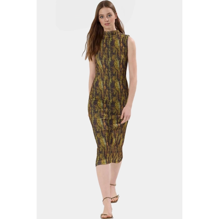 Şık Leopar Desenli Midi Elbise Astarlı Polyester Örme Kumaş Bodycon Kalıp Profesyonel Görünüm