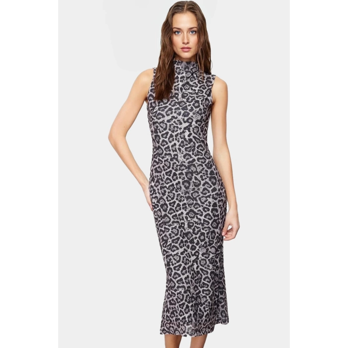 Şık Leopar Desenli Midi Elbise Astarlı Polyester Örme Kumaş Bodycon Kalıp Profesyonel Görünüm