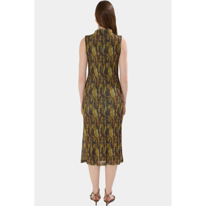 Şık Leopar Desenli Midi Elbise Astarlı Polyester Örme Kumaş Bodycon Kalıp Profesyonel Görünüm
