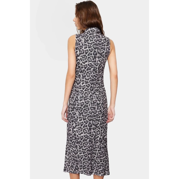 Şık Leopar Desenli Midi Elbise Astarlı Polyester Örme Kumaş Bodycon Kalıp Profesyonel Görünüm