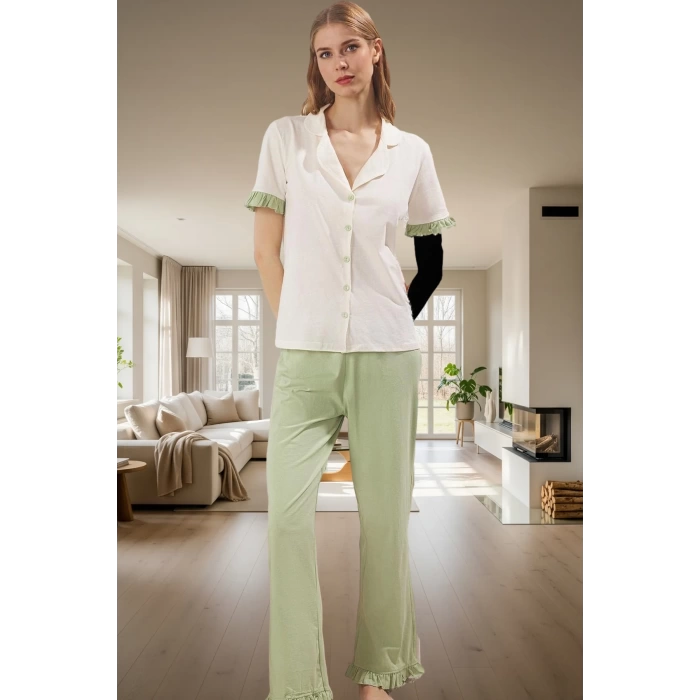 Şık Leopar Desenli Pamuklu Pijama Takımı Fırfır Detaylı Rahat Kesim Trend Tasarım