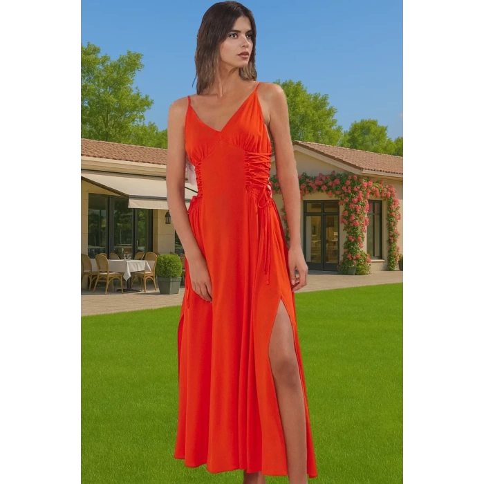 Şık Maxi Elbise V Yaka Kolsuz Dokuma Viskoz Plaj Elbisesi Özel Tasarım Modern Stil Dayanıklı Malzeme