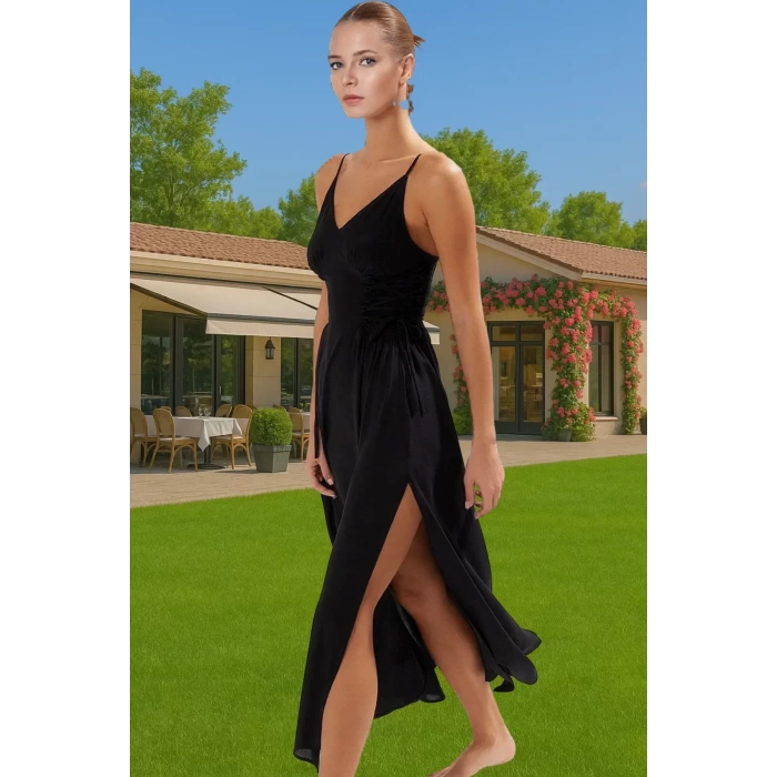 Şık Maxi Elbise V Yaka Kolsuz Dokuma Viskoz Plaj Elbisesi Özel Tasarım Modern Stil Dayanıklı Malzeme