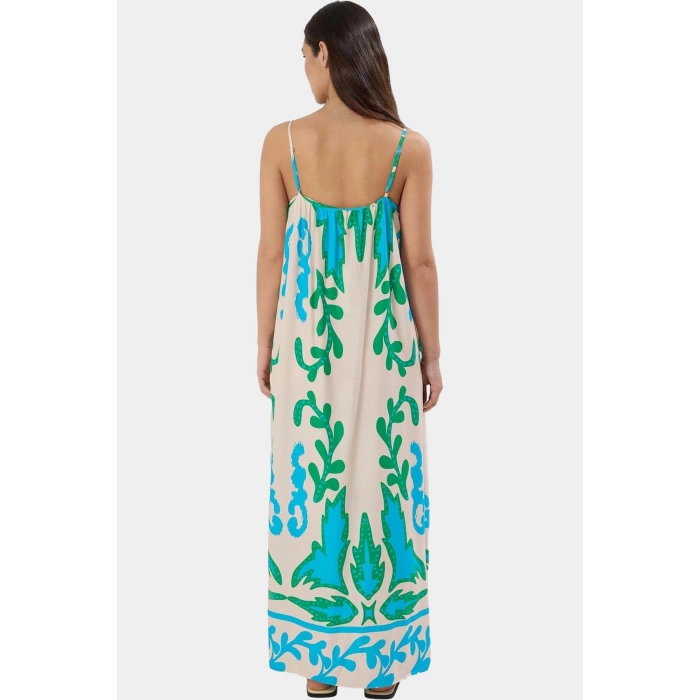 Şık Maxi Elbise Viskoz Kumaş Tropikal Desen Kare Yaka Dayanıklı Malzeme Uzun Ömürlü Modern Stil