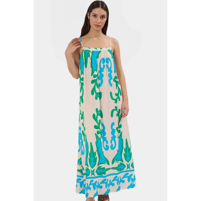 Şık Maxi Elbise Viskoz Kumaş Tropikal Desen Kare Yaka Dayanıklı Malzeme Uzun Ömürlü Modern Stil