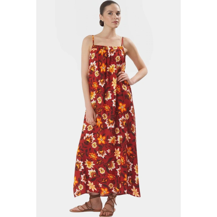 Şık Maxi Elbise Viskoz Kumaş Tropikal Desen Kare Yaka Dayanıklı Malzeme Uzun Ömürlü Modern Stil