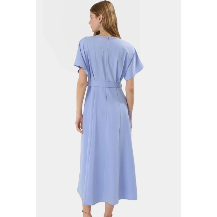 Şık Midi Elbise Finike Dokuma Polyester A line Kesim Kemer Detaylı Seçkin Malzeme