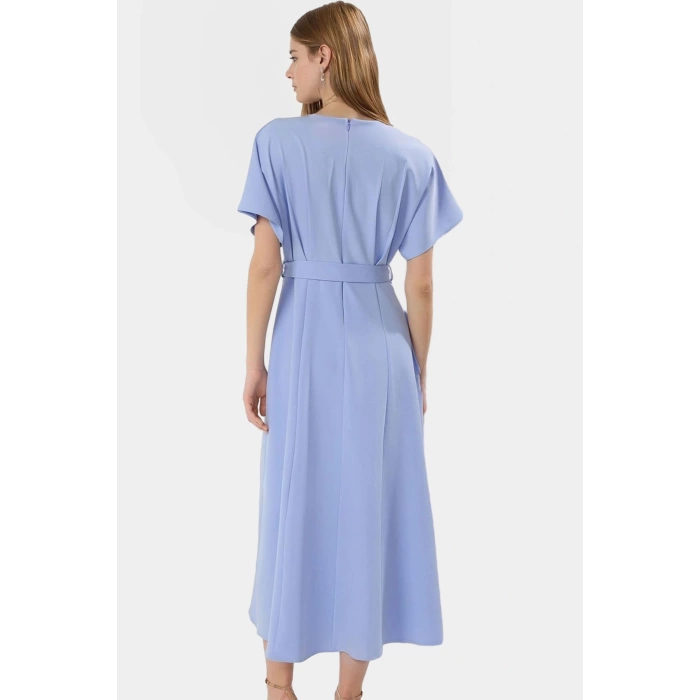 Şık Midi Elbise Finike Dokuma Polyester A line Kesim Kemer Detaylı Seçkin Malzeme