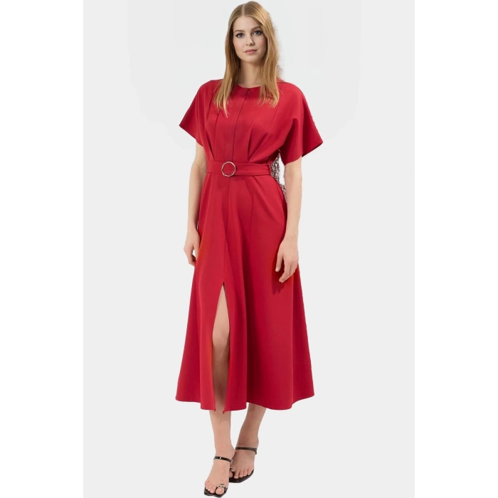 Şık Midi Elbise Finike Dokuma Polyester A line Kesim Kemer Detaylı Seçkin Malzeme