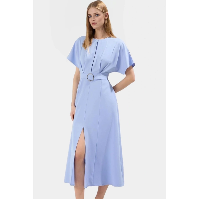 Şık Midi Elbise Finike Dokuma Polyester A line Kesim Kemer Detaylı Seçkin Malzeme
