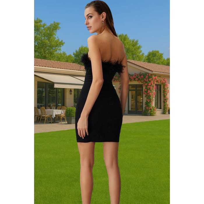 Şık Mini Boy Straplez Tüy Detaylı Finike Dokuma Abiye Elbise Zarifane Tasarım Premium Kalite