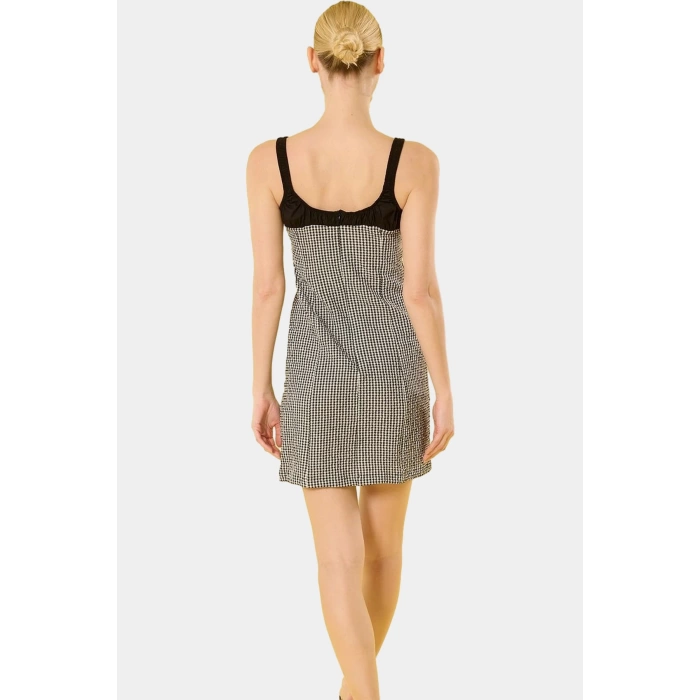 Şık Mini Ekose Elbise Vücudu Saran Bağcıklı Havuz Yaka Polyester Yazlık Dayanıklı Malzeme